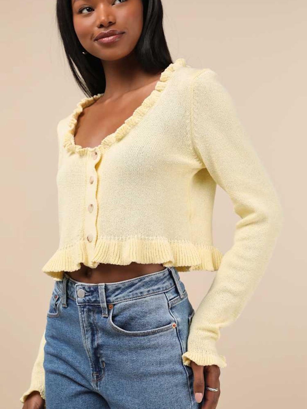 Lulus | Impressively Sweet Light Yellow Ruffled Cropped Cardigan